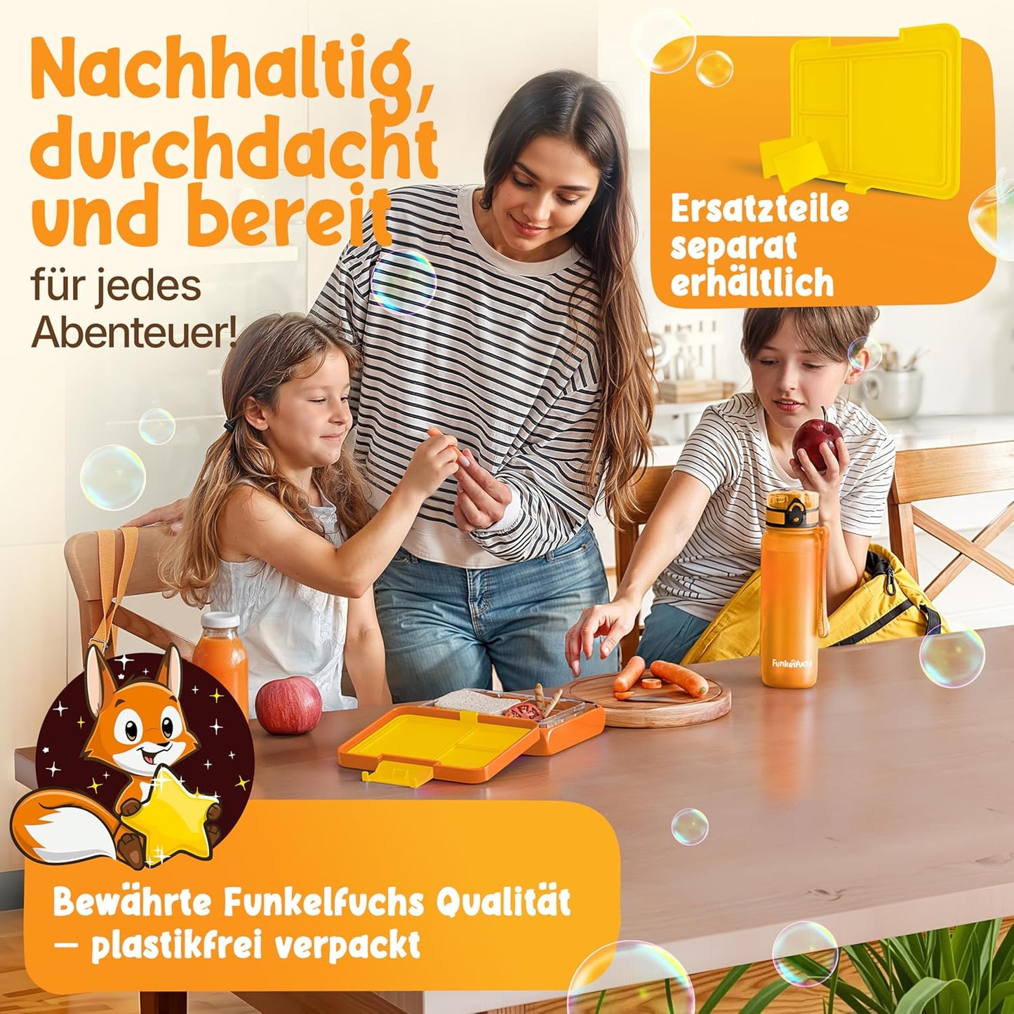 Funkelfuchs® - Lunchbox kids avec compartiments - 500ml, orange - Lunchbox star, small - Snack box, snack box, lunch box, meal box, bento box kids - pour l'école, le jardin d'enfants et la crèche