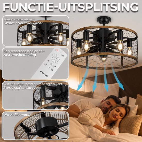 Ventilateur de plafond WERYOU® illuminAIR - Plafonnier - Ventilateur de plafond avec télécommande - Lampe de plafond - Ventilateur de plafond avec éclairage - Lampe ventilateur