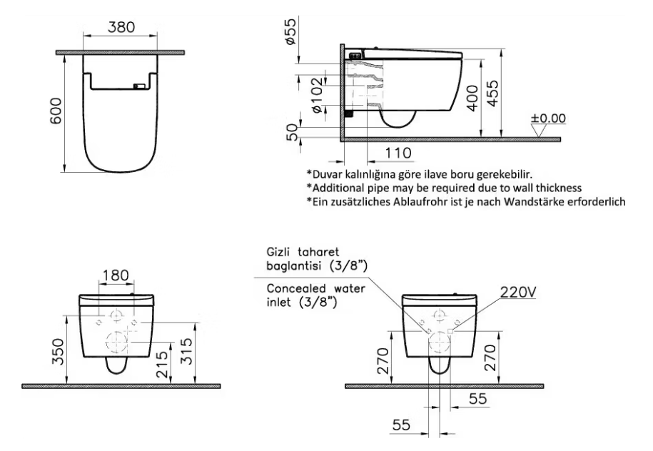 VitrA V-Care Basic Toilet Kit 37x56 cm White - Toilette murale mince et luxueuse avec fonction bidet
