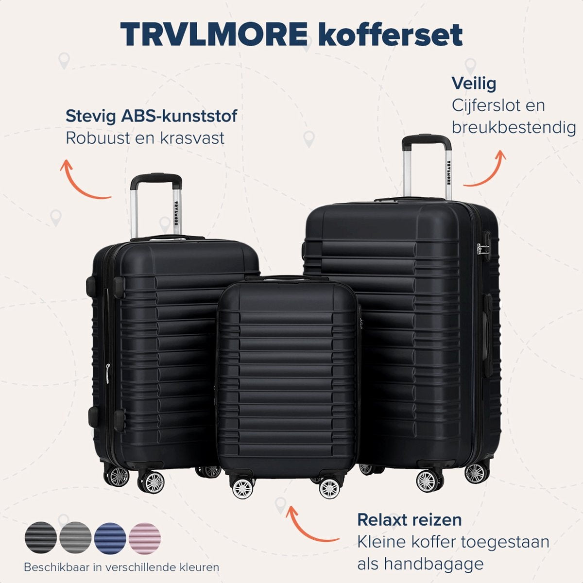 Set de valises -TRVLMORE - 3 pièces - 38L (bagage à main) + 70L + 110L - Noir