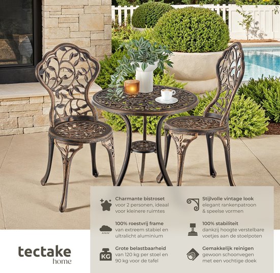 tectake® Ensemble bistro 2 personnes - Table bistro vintage avec 2 chaises bistro - Ensemble bistro en aluminium pour le jardin, la terrasse ou le balcon - Résistant aux intempéries - Couleur bronze