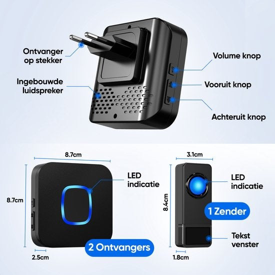 Sonnette de porte sans fil Strex avec 2 récepteurs - Plug & Play - 300 mètres - 4 volumes / 58 mélodies - IP55 Waterproof