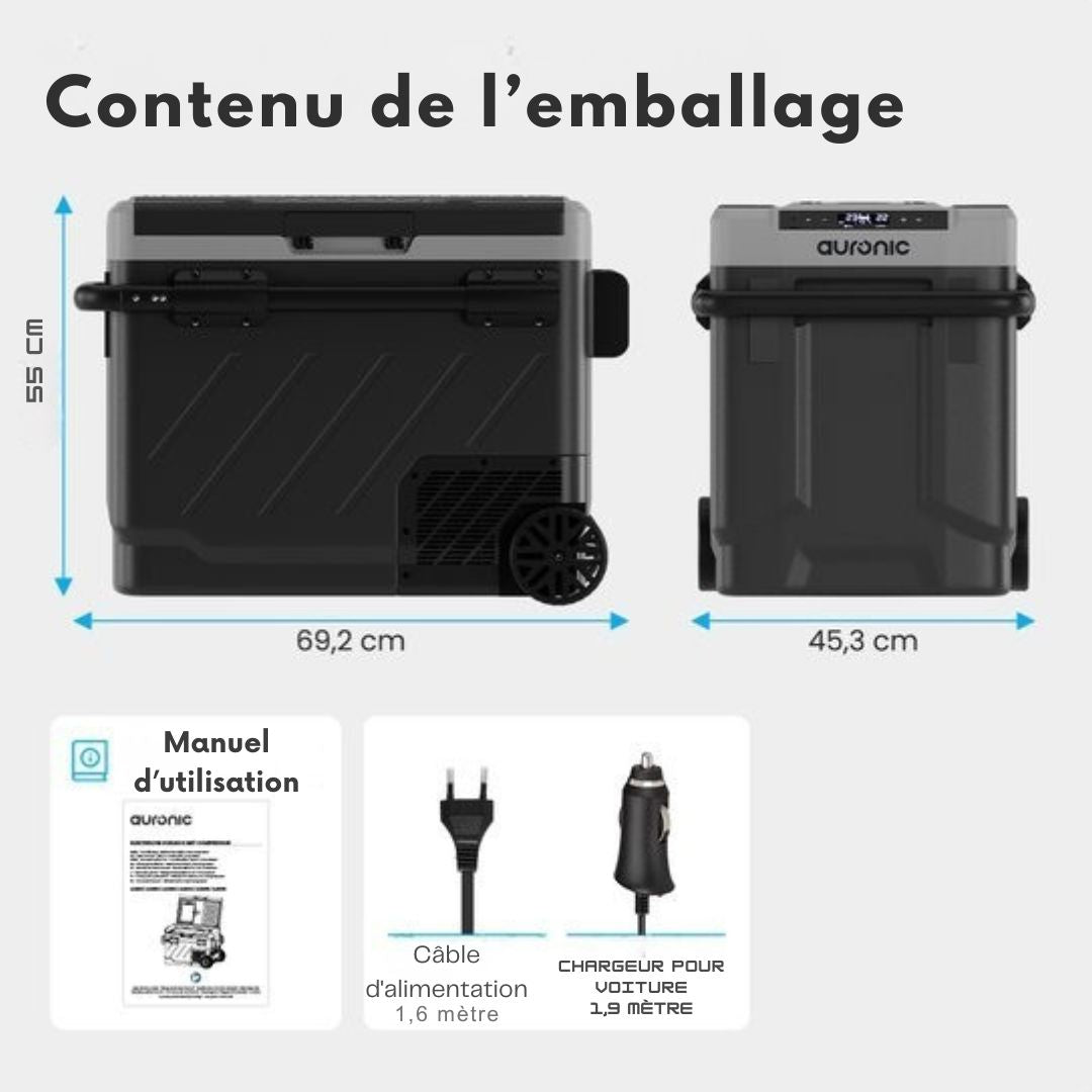 Glacière électrique - Auronic - avec compresseur - congélation et réfrigération - capacité 58L - 69,2 x 45,3 x 58 cm - gris