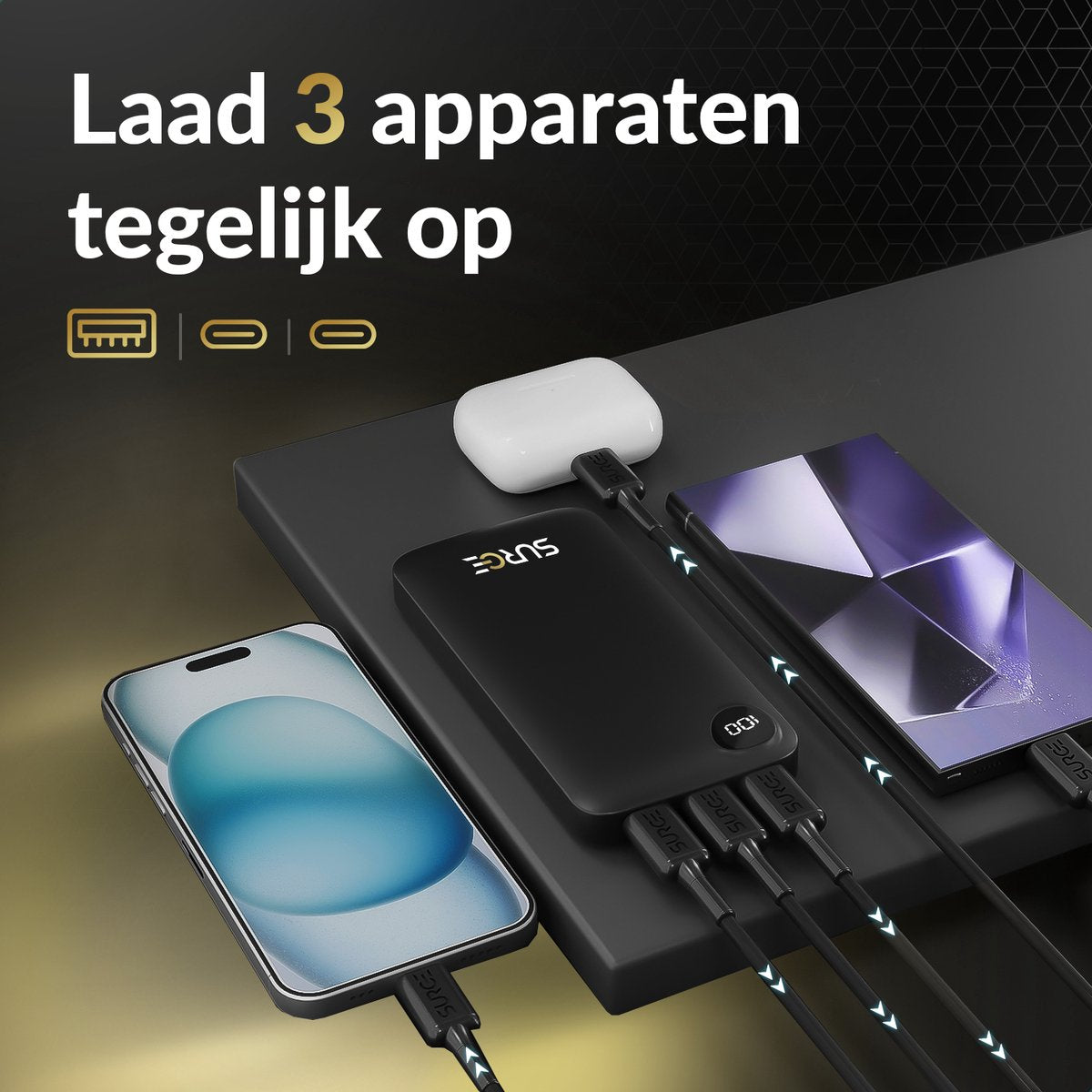 Surge Powerbank 20 000mAh - Chargeur rapide 22,5W - 2x USB-C & 1x USB-A - Affichage LED - Noir - 14,5 x 6,8 x 2,9 cm