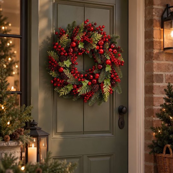 Mica Decorations Norah : couronne de Noël avec des pommes de pin - Décoration de Noël au style traditionnel - Couronne de porte pour le hall d'entrée ou la porte d'entrée - H 13 x Ø 50 cm - Rouge et vert