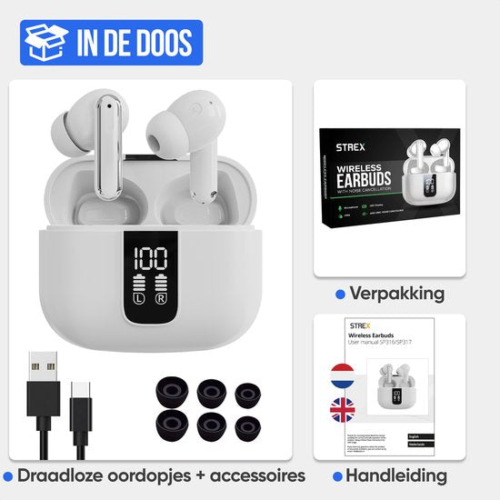 Strex Wireless Earphones - Active Noise Cancelling - LED Display - Wireless Bluetooth Earphones - Ecouteurs sans fil - Bluetooth 5.3 - White