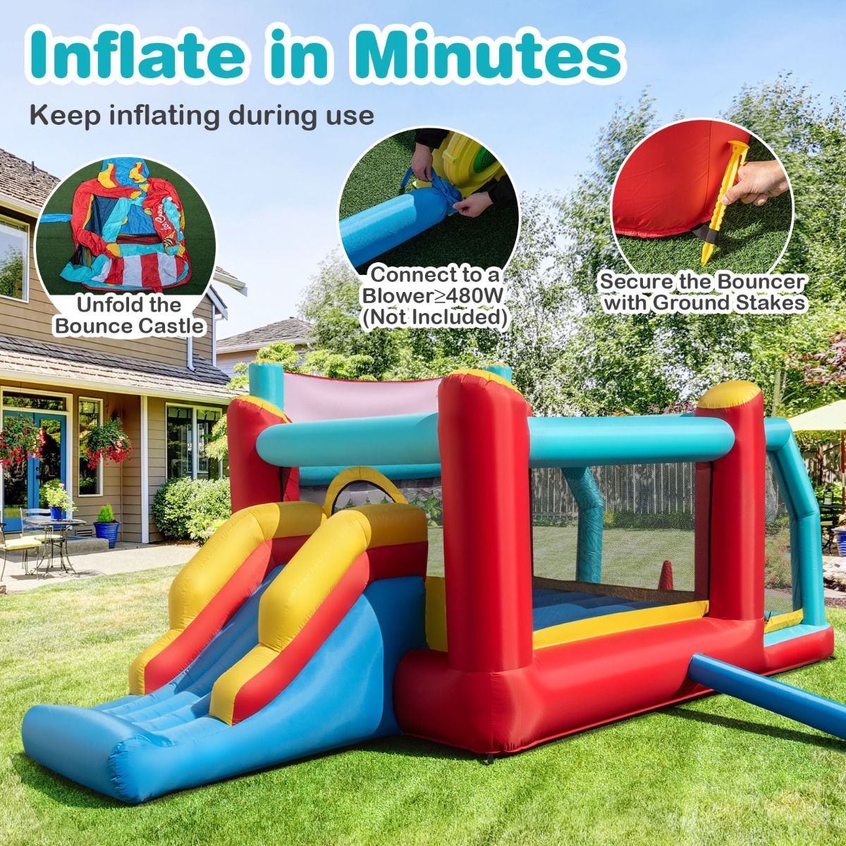 Structure gonflable Coast 5-en-1 - Toboggan - Piscine à balles - Panier de basket - Multicolore 485,5 x 239 x 206 cm