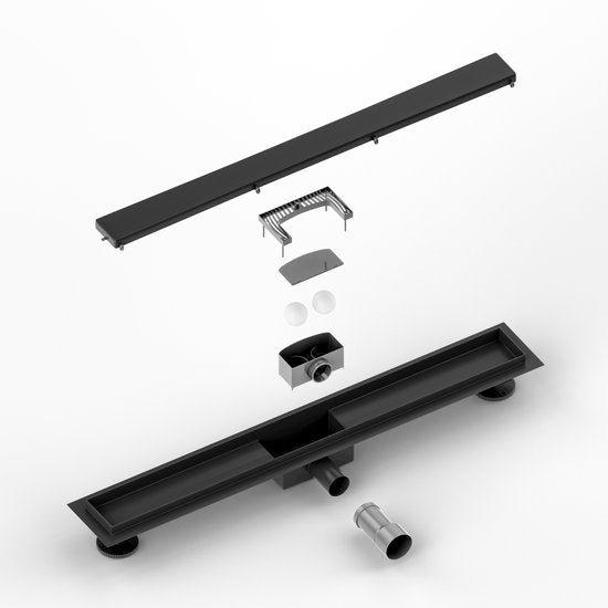 Caniveau de douche - 70 cm - Noir mat - Grille en carreaux - Acier inoxydable - Avec bride