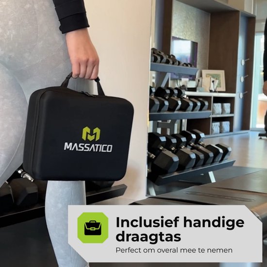 Massatico Massage Gun Compact - Appareil de massage professionnel et puissant - Appareil de massage / Pistolet de massage - Noir - 5 embouts - 32 réglages - Avec mallette