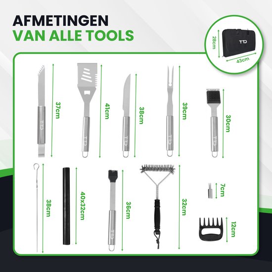 TTD® Premium BBQ Accessories Set 30-piece - BBQ Tool Set Stainless Steel - Barbecue Accessories - BBQ tongs - BBQ spatula - With BBQ Gloves and Cleaning Brush - Includes Storage Bag