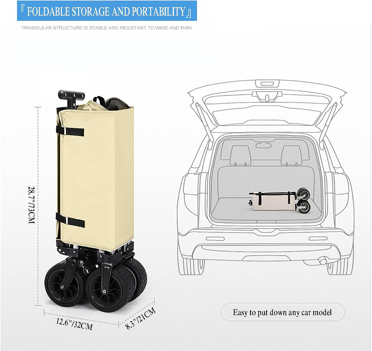 Chariot pliable beige 150 L - 150 kg - Roues tout-terrain - Poignée réglable