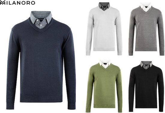 Pull-over à col chemise Milanoro pour hommes - Gris clair - Taille XXL - Coupe élégante
