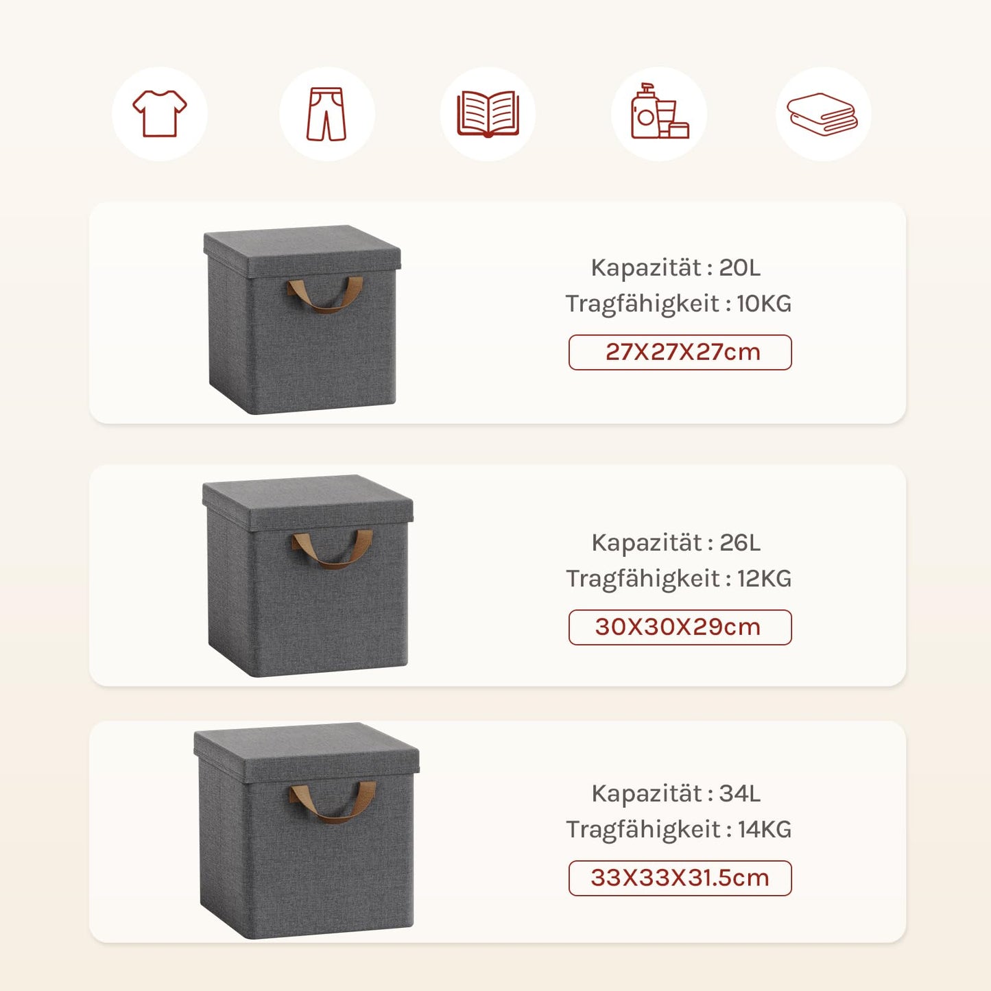 Lot de 5 bacs de rangement pliables WOLTU - cubes de rangement en tissu avec couvercle et structure métallique - gris 27 x 27 x 27 cm