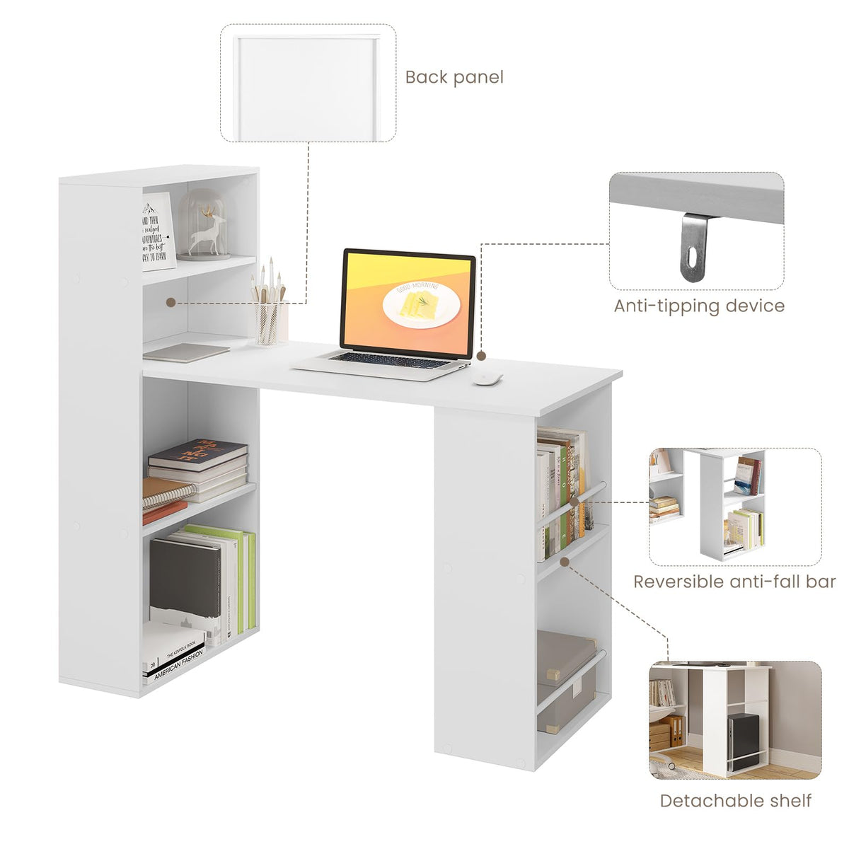 Bureau Esituro - 120 x 55 x 120 cm - Avec rangement et bibliothèque - Blanc