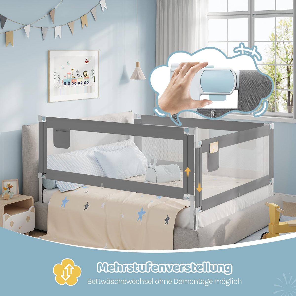 WOLTU - Barrière de lit 150 cm - Réglable en hauteur de 69 à 87 cm - Barrière de sécurité rabattable - Gris foncé