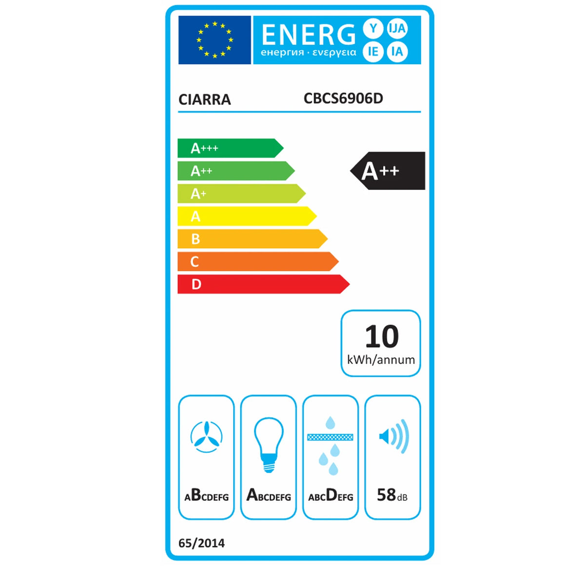 Hotte télescopique Ciarra CBCS6906D - 60 cm - 370 m³/h - A++ - Argent