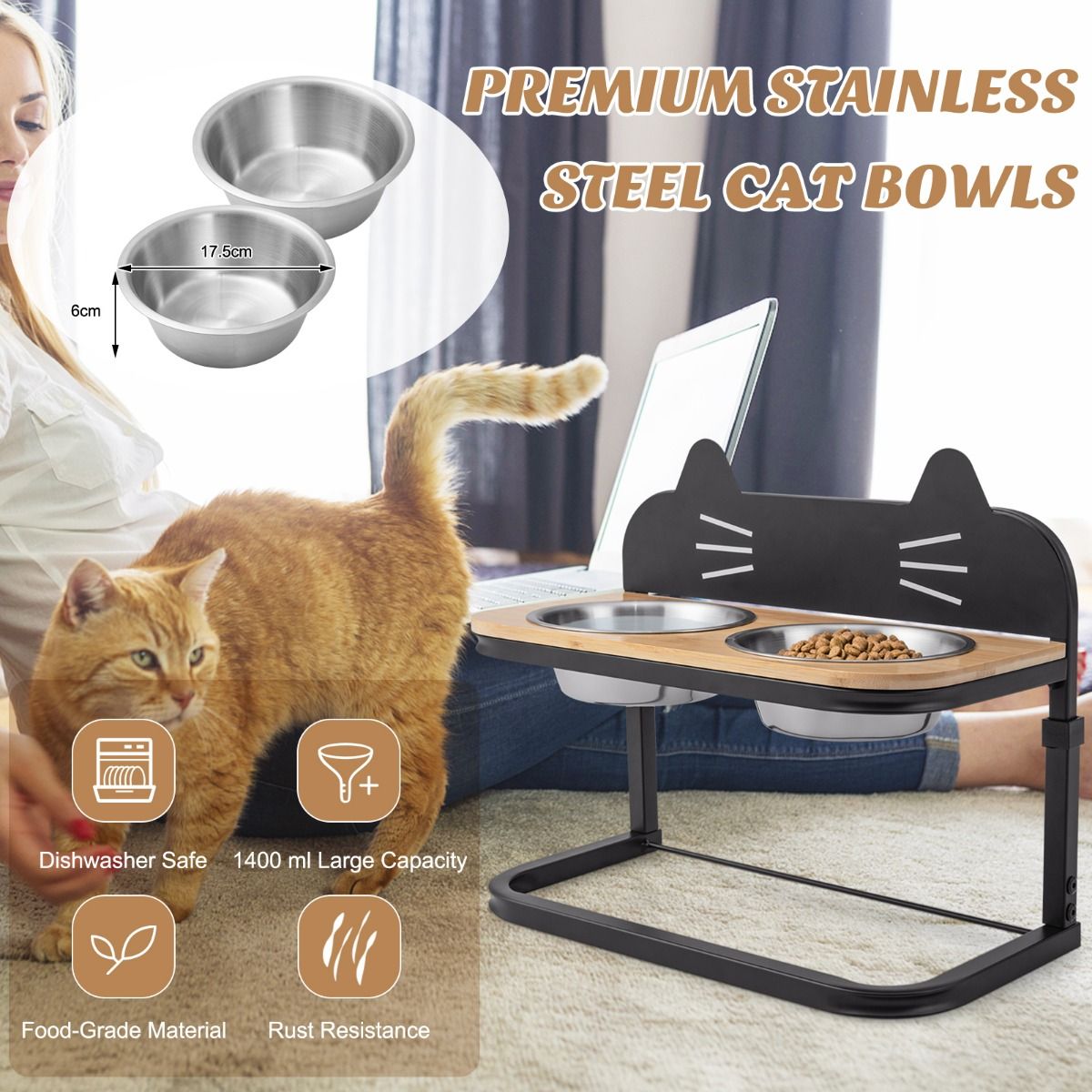 Station d'alimentation surélevée Coast pour chats et chiens - 43 x 22 x 33-38.5 cm - Noir et naturel - Hauteur réglable avec 2 bols en acier inoxydable