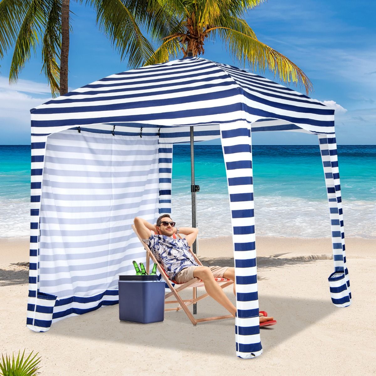Tente de plage pliable Coast - Avec sac de transport - Paroi latérale amovible - 183 x 183 x 215-240 cm - Bleu avec blanc