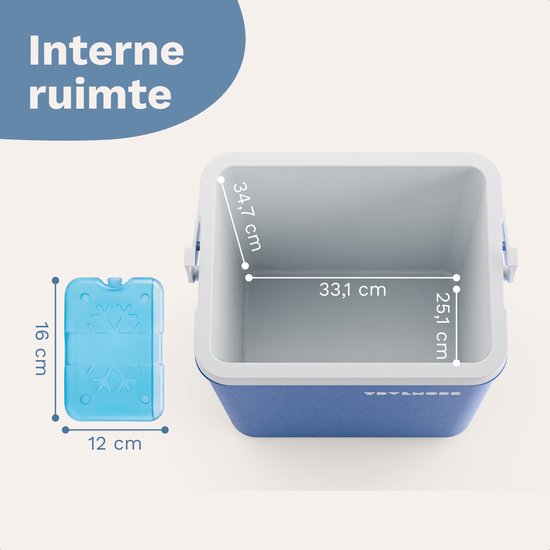 TRVLMORE Cool Box 26L - 65 heures de réfrigération - Frigobox - 2 éléments réfrigérants inclus - Bleu