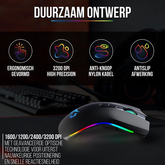 Strex Gaming Mouse with RGB LED - 3200 DPI - 7 Buttons - Windows and MAC - Game Mouse
