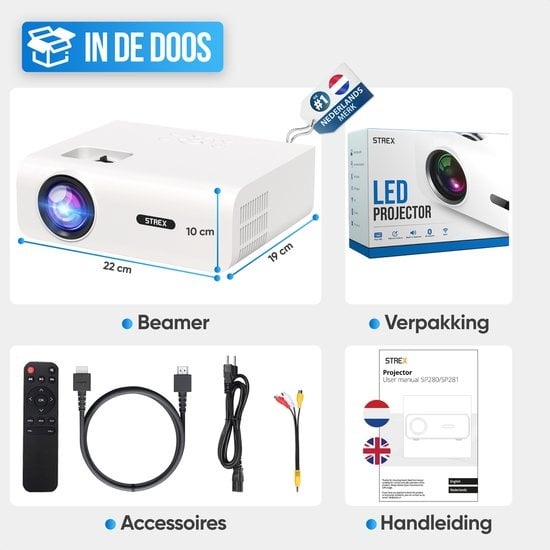 Strex - Mini vidéoprojecteur - 1080P Full HD - 15000 lumens - Streaming sans fil - WiFi - Bluetooth - Blanc