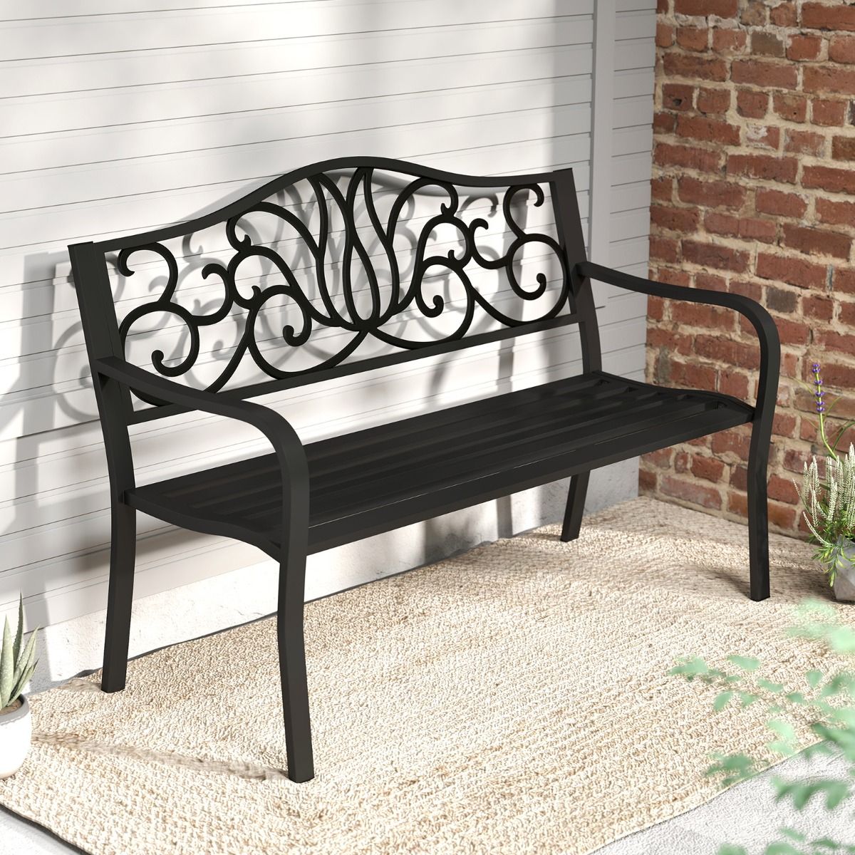 coast Garden Bench Black - dossier en fonte avec motif floral - 127 x 61 x 89 cm - Banc de terrasse 2-3 personnes avec accoudoirs