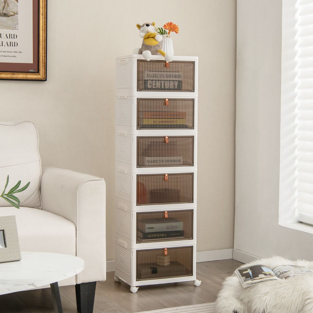 Coast - Rangement pour chaussures - pliable, 6 étages, portes magnétiques et roues - 40 x 37,5 x 123 cm - PP/PU - blanc/marron