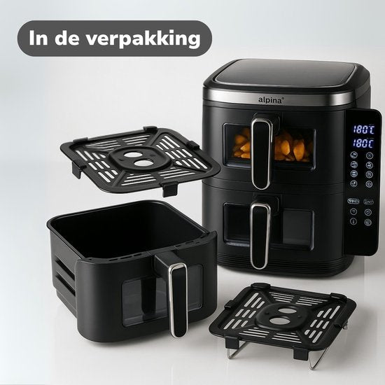 alpina Airfryer XXL - Double Friteuse 11L - Friteuse à air chaud 2 paniers - Doublement empilée pour 8 personnes - Ecran pliable - Fonction minuterie jusqu'à 60 minutes - Température 60-200°C - Noir