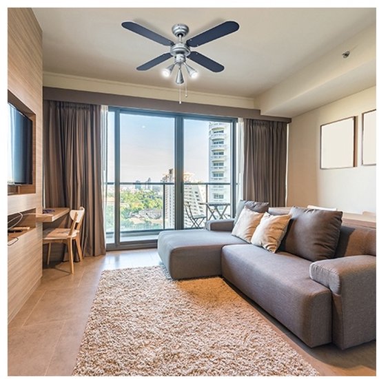 Bestron Ventilateur de plafond avec éclairage, 3 vitesses et très grande portée de Ø102cm, incl. fonction été/hiver, 3 x GU10 LED, 50Watt, DLHB42S, couleur : argent/bleu