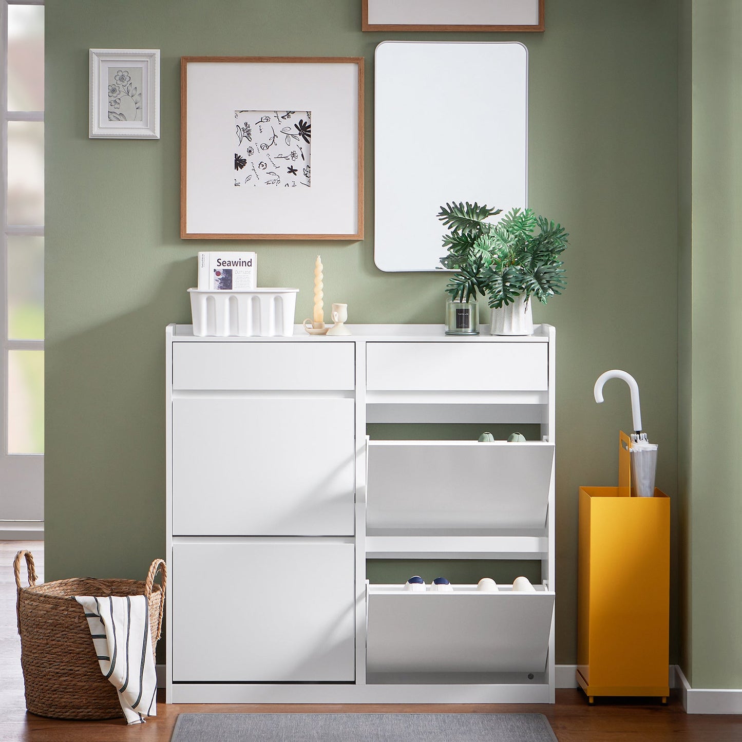 SoBuy Armoire à chaussures - FSR169-W - 4 volets inclus - 98 x 95 x 19 cm - Blanc