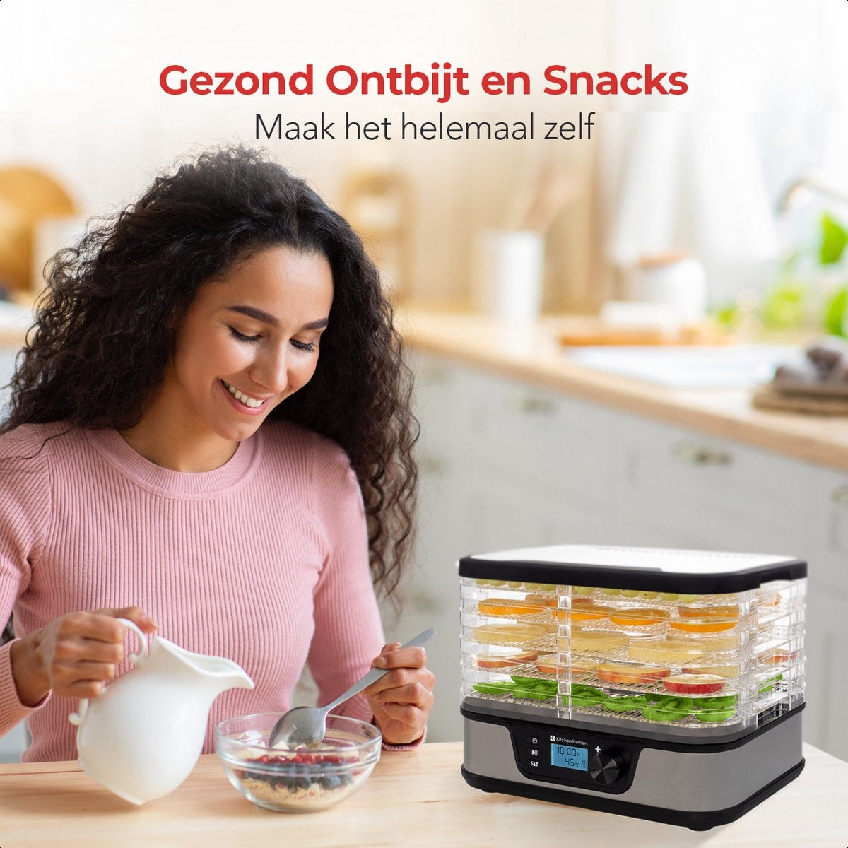 Séchoir à aliments - KitchenBrothers - électrique 380W - 5 couches - 9 niveaux de chaleur - 35°C à 75°C - minuterie - acier inoxydable/noir