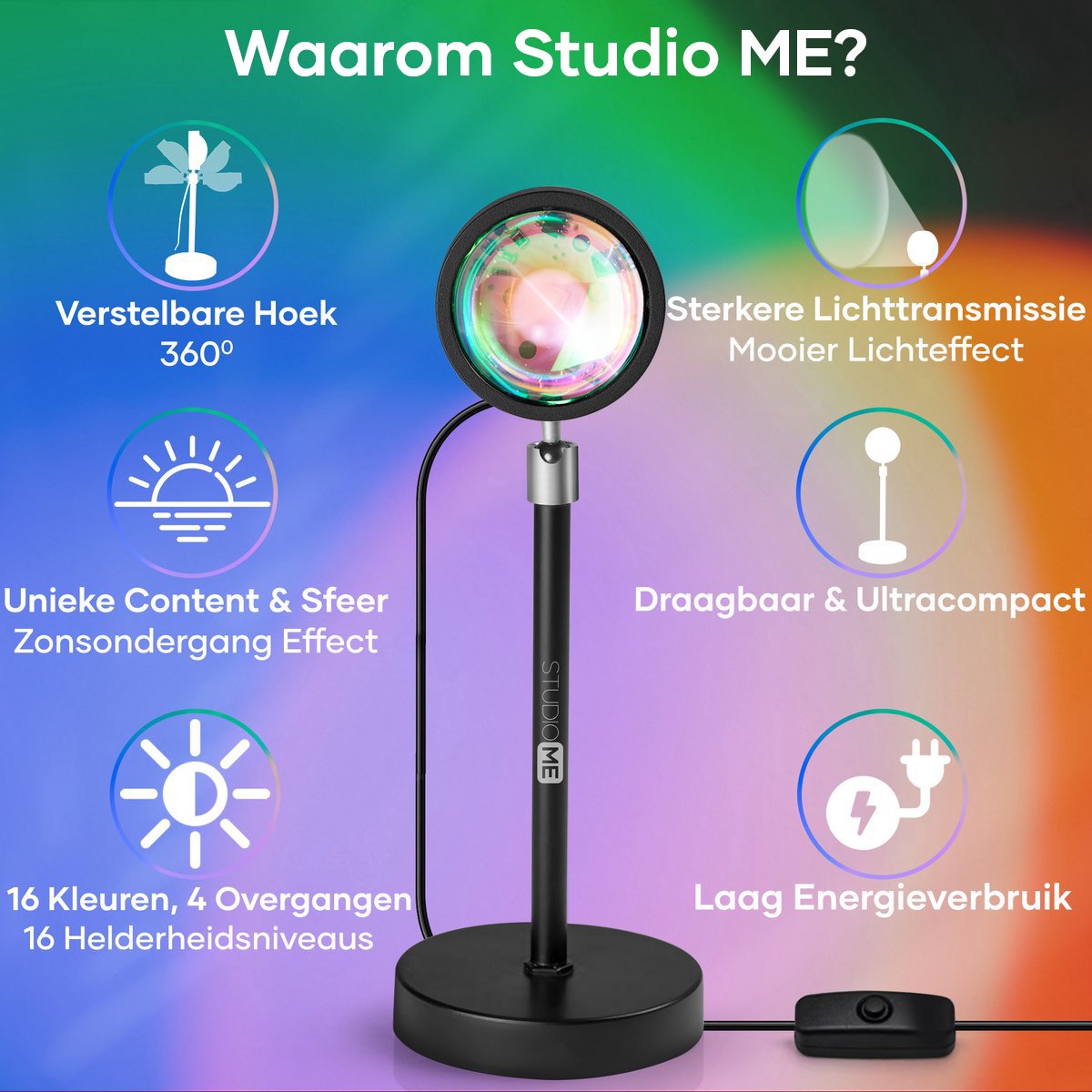 Studio ME Sunset Lamp - Lampe d'ambiance - 16 couleurs - Eclairage d'ambiance intérieur - Galaxy Projector Lamp - Incl. Remote Control - Tiktok Lamp - 360° Rotatable - Projector Lamps