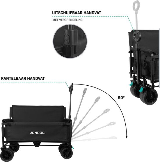 VONROC Wagon - Avec fonction siège - Pliable - Capacité de charge de 120 kg - Capacité de 115l - Roues solides anti-fuites - Cadre en acier robuste - Polyester 600D - Noir