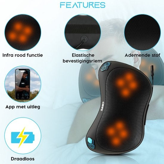 Sanbo Wireless Massage Cushion WL20 - Black - Appareils de massage - Fonction chaleur avec infrarouge - Pour la maison et la voiture - Shiatsu - Fitness