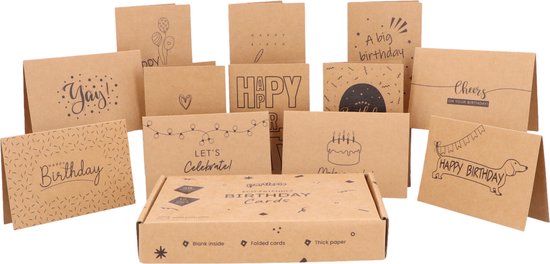 Partizzle 36x Cartes d'anniversaire durables avec enveloppe - Envoyer des cartes postales - Cartes d'anniversaire amusantes en kraft - Adultes - 15x10 cm