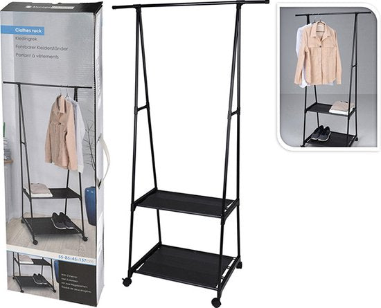 Storage Solutions Kledingrek met planken - metaal - op wielen - zwart - 85 x 45 x 157 cm