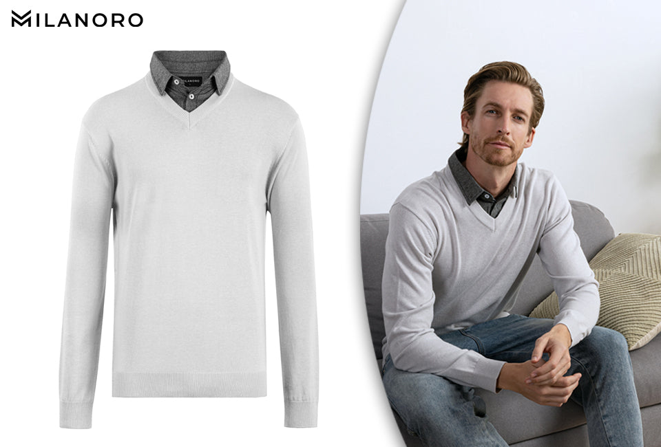 Pull-over à col chemise Milanoro pour hommes - Gris clair - Taille XXL - Coupe élégante