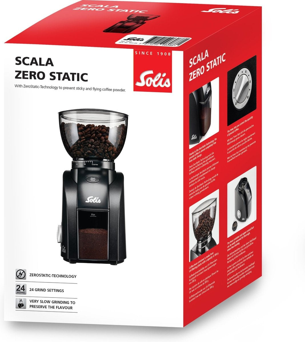Moulin à café électrique - Solis Scala Zero Static 1662 - avec 24 niveaux de mouture - Noir