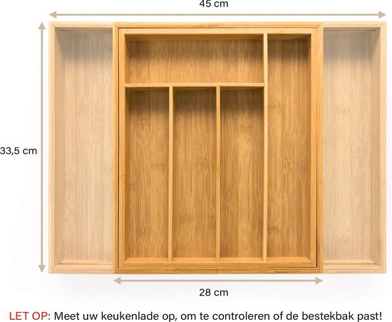 Budu Plateau à couverts extensible en bambou #33.5 (33.5 cm de profondeur) - Cassette à couverts en bois - Tiroir à couverts - 33.5 x 28 - 45 cm - 5/7 compartiments
