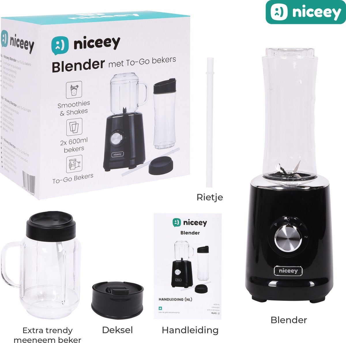 Niceey Mini Blender - Smoothie Maker - 500W - Noir