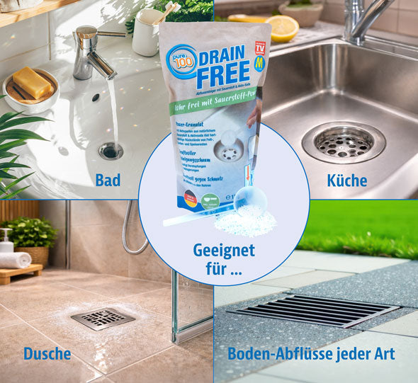 Pure100 Drainfree Déboucheur - 1 kg de granulés - 22 x 14 x 5 cm - Nettoyant puissant pour canalisations