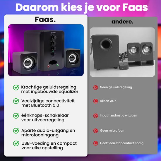 Faas - Haut-parleurs PC 2.1 - Bluetooth 5.0 - Microphone intégré - Connexion USB-C et USB-A - Ensemble d'enceintes stéréo - Noir