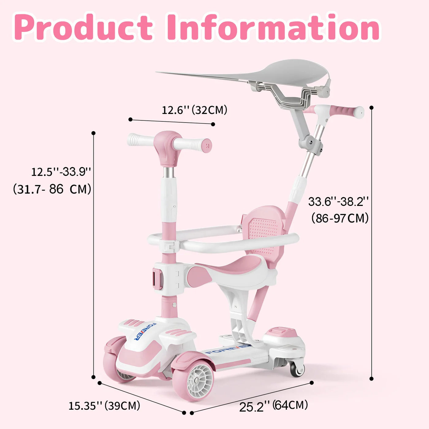 Trottinette pour enfants Neuleb à 4 roues - Siège pivotant - Réglable - Rose - De 3 à 8 ans