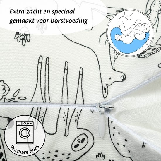 Ella Voedingskussen met hoes van 100% katoen - Zwangerschapskussen - Inclusief afneembare en wasbare hoes - Dieren print