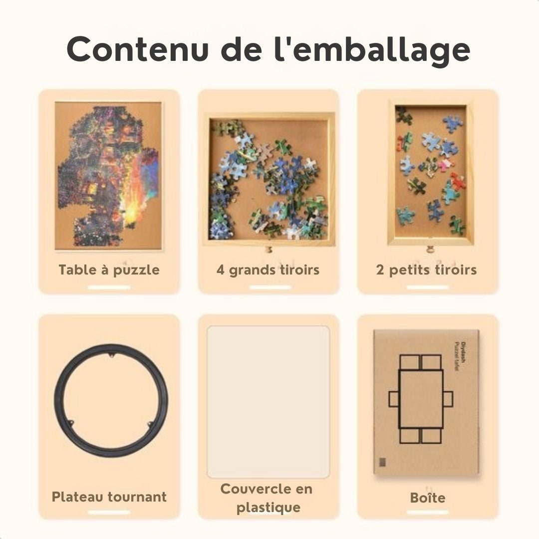 Plateau de puzzle rotatif avec système de rangement - 6 tiroirs - 1500 pièces - Bois - Table de puzzle - Classeur de puzzle - 64 x 86 x 4 cm - Couvercle de protection inclus - Tapis de puzzle - Mallette - Bois