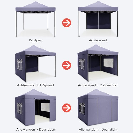 LifeGoods Tente de réception - Pavillon - EasyUp - Pliable - 4 parois latérales - Imperméable - Avec sac de transport à roulettes - 3x3 mètres - Bleu foncé