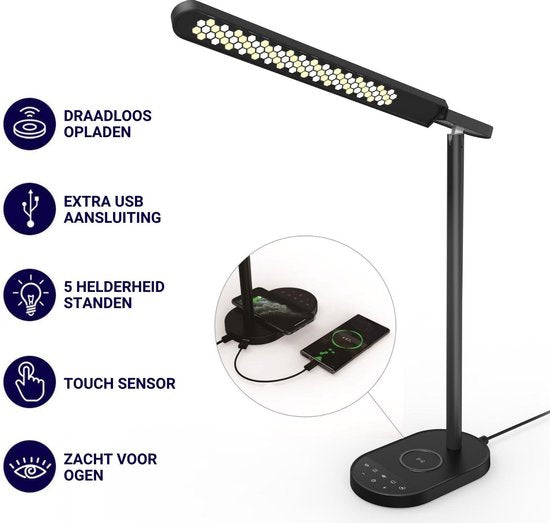 TIKKENS Lampe de bureau LED dimmable - Chargeur sans fil & chargeur USB - Chargeur sans fil - Blanc