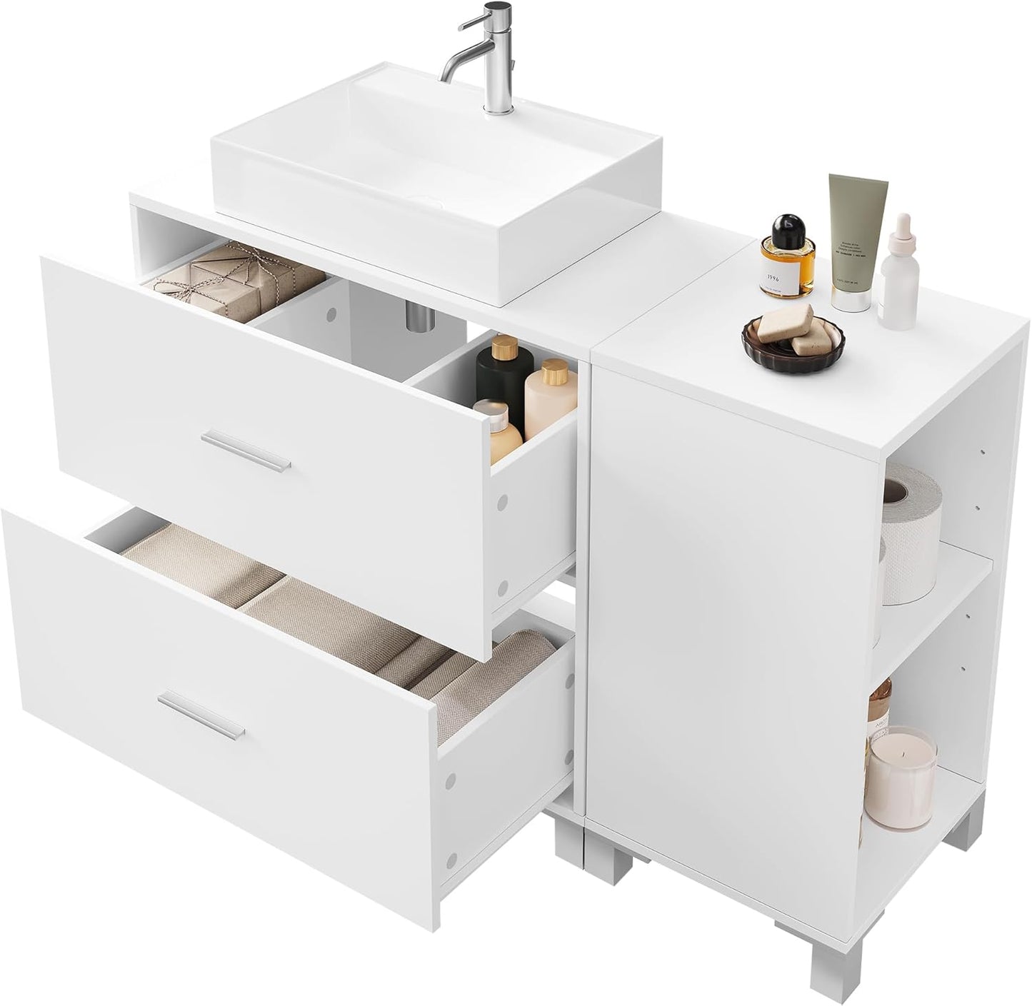 eSituro SBP0098 meuble bas pour lavabo meuble de salle de bain - blanc - 2 grands tiroirs - meuble latéral pouvant être placé à gauche ou à droite