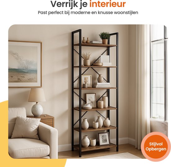 Bibliothèque Goliving - 66 x 30 x 186 cm - 6 niveaux - Meuble de rangement - Meuble mural - Bibliothèque - Meuble d'exposition - Meuble d'étagère - Meuble de salon - Industriel - Marron/Noir