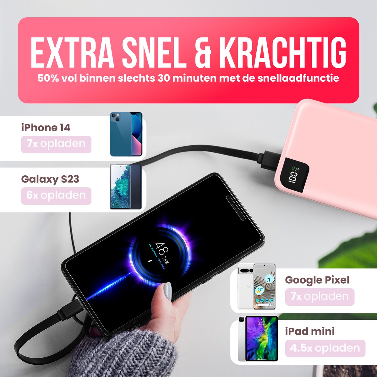 Strex Powerbank Pink - 27 000 mAh - Charge rapide 22,5 W - USB-A/USB-C - Indication LED - Powerbank universel adapté à iOS/Android, entre autres